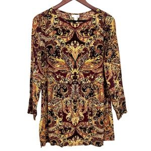 J. Jill Womens Size XS Tunic Paisley Red Yellow Blouse Shirt Top Fall Winter